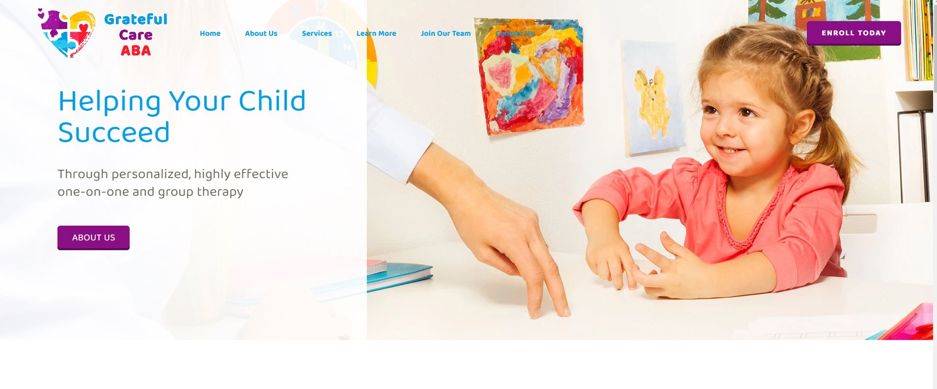 The image shows a website screenshot with a background that includes an adult and a child, possibly in a family setting. The website has a header with the text  ABA  and a navigation bar. Below the header is a section titled  Helping your child succeed,  followed by a subtitle stating  Through personalized effective coaching.  There is a photo of a young girl interacting with an adult, who appears to be a coach or therapist. The website features a call-to-action button that reads  Learn more about ABA.