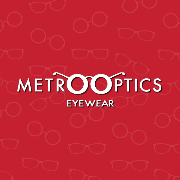 The image is a logo for  Metrooptics Eyewear  with the company name prominently displayed above a pair of glasses.