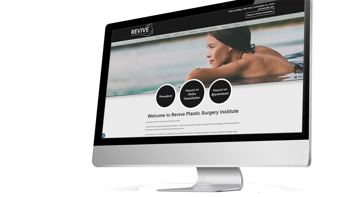 The image shows a computer monitor displaying a webpage with a design that appears to be for a wellness or health-related service, featuring a woman in a swimming pool and text about services offered.