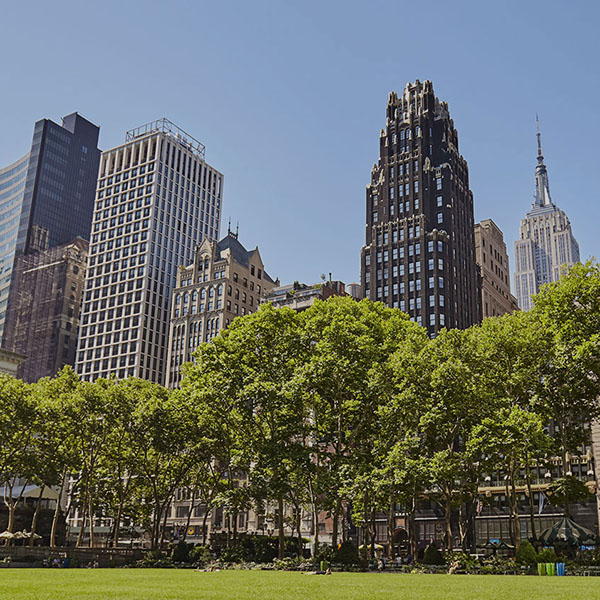 Aerial view of a bustling city skyline with iconic buildings, towering trees providing shade, and the Manhattan skyline in the distance under a clear blue sky.