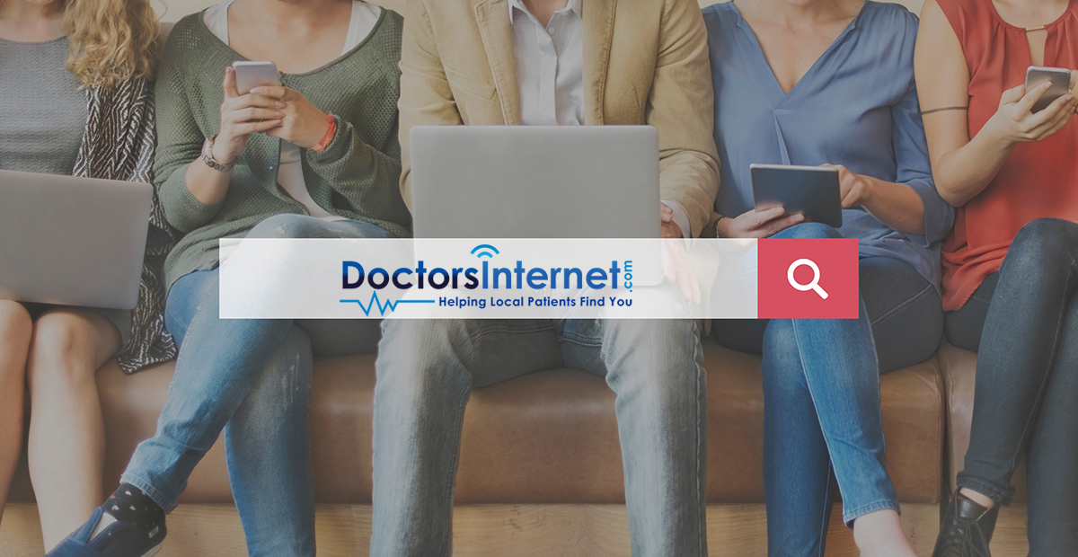 The image displays a group of people sitting together, using their cell phones, with one person prominently displaying a search result on a laptop screen for  DoctorsInternet.com  with an arrow pointing to the website in the browser.