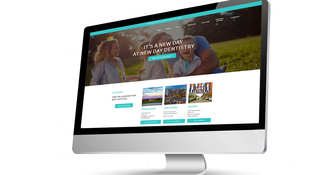 The image shows a laptop screen displaying a website with a colorful design, featuring content related to a new business venture, including text and images of people.